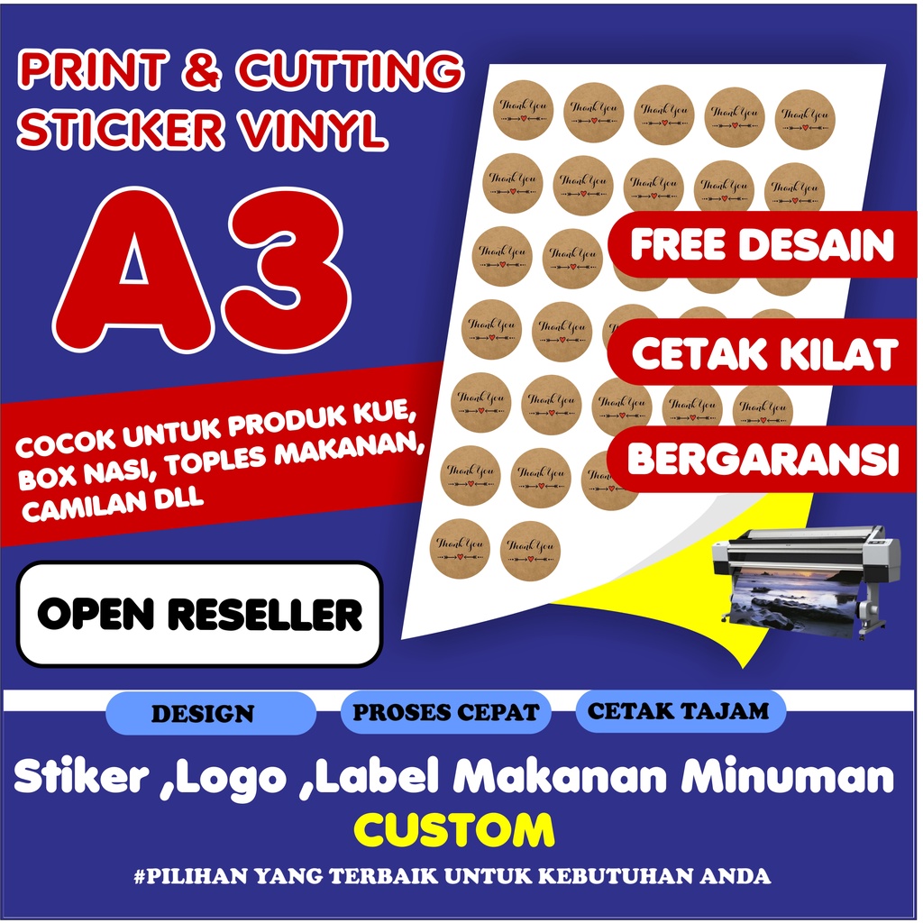 

Cetak Stiker Vinyl A3+ Anti Air Untuk Label Makan & Minuman Custom