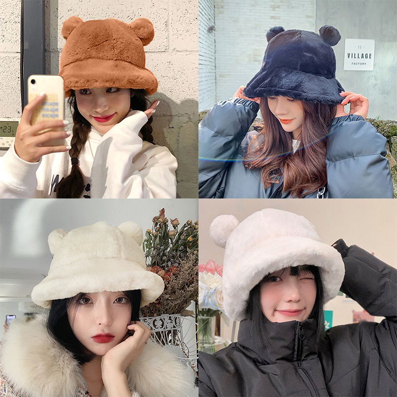 Topi Lucu Topi Mewah Topi Musim Dingin Topi Nelayan Gaya Korea Rambut Kelinci Topi Beruang Kecil