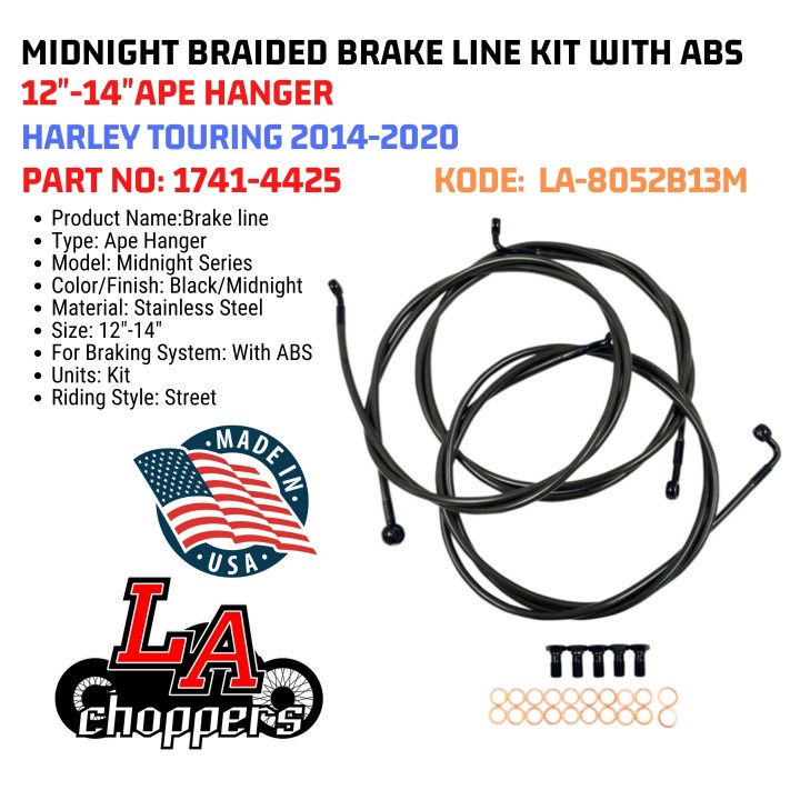 LA CHOPPERS MIDNIGHT BRAIDED BRAKE LINE KIT WITH ABS 12-14 INCH APE HANGER 1741-4425 KODE LA-8052B13