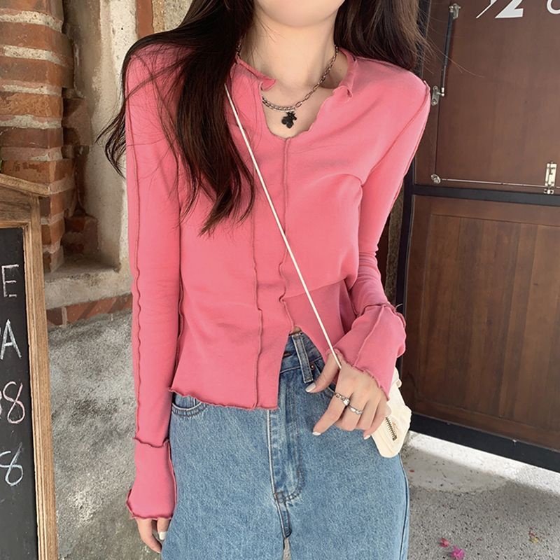 Red Plus beludru lengan panjang T-shirt wanita in musim gugur dan musim dingin slim fit dan tipis gadis panas desain rasa ceruk celah bawah kemeja top trendi