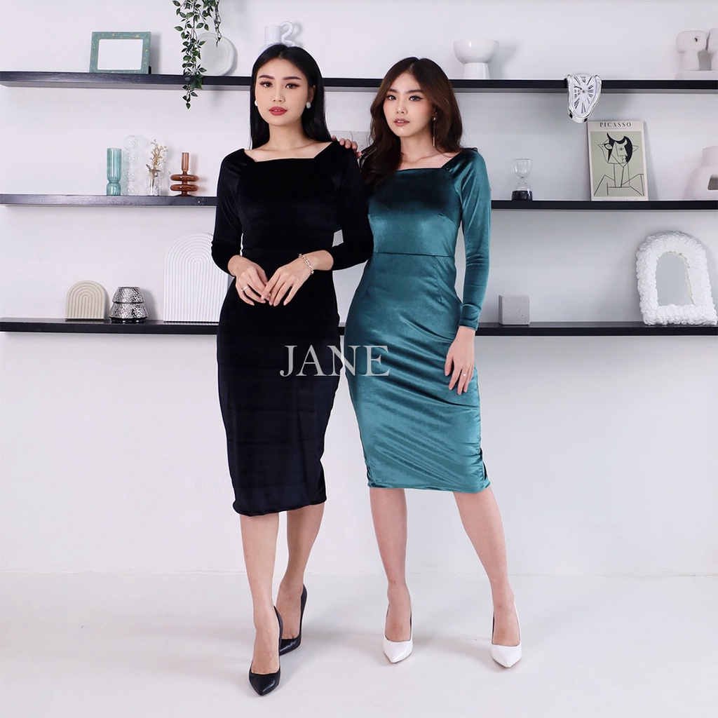 JANE COLLECTION || Midi Dress Pesta Hitam Bodycon Rok Pencil Bahan Velvet Bludru Lengan Panjang Sabrina Square Neck Party Dress Bodycon Evie