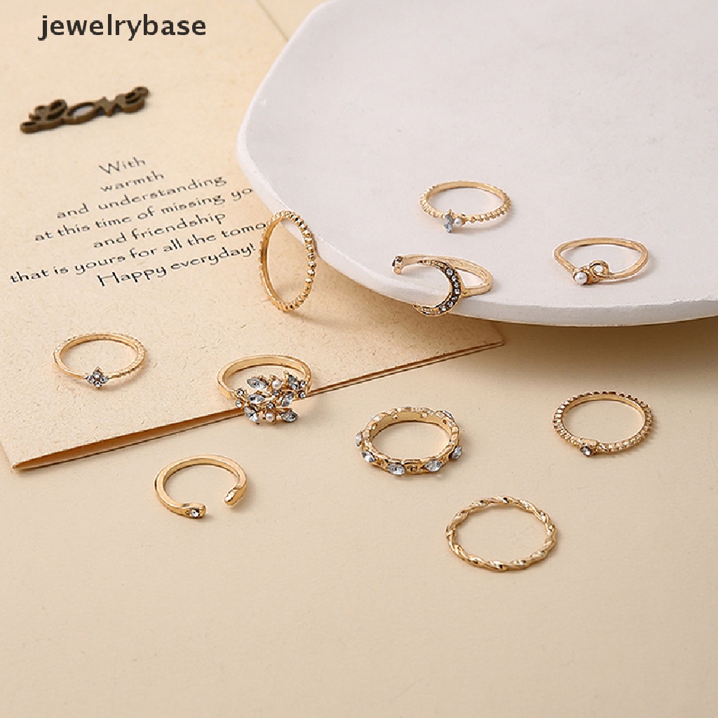 10pcs / set Cincin Bentuk Daun Bunga Bulan Bintang Geometris Aksen Mutiara Kristal Untuk Wanita