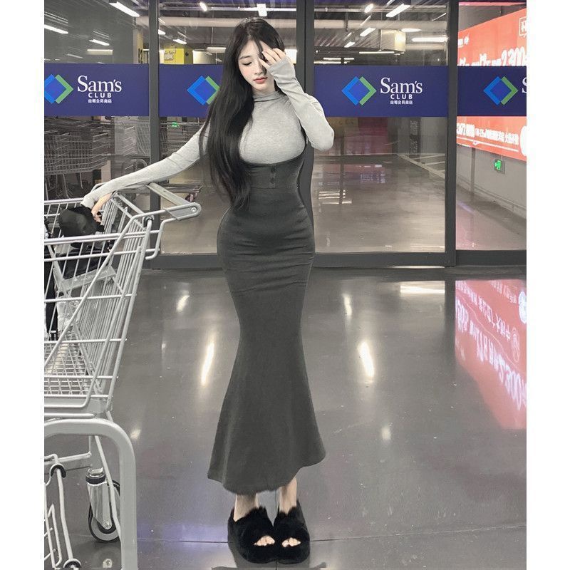 Suhao Sea Back Fishtail Rok Yujie Pure Desire Style French Autumn Suit Lengan Panjang Kemeja Top Dua Potong Setelan Trendi