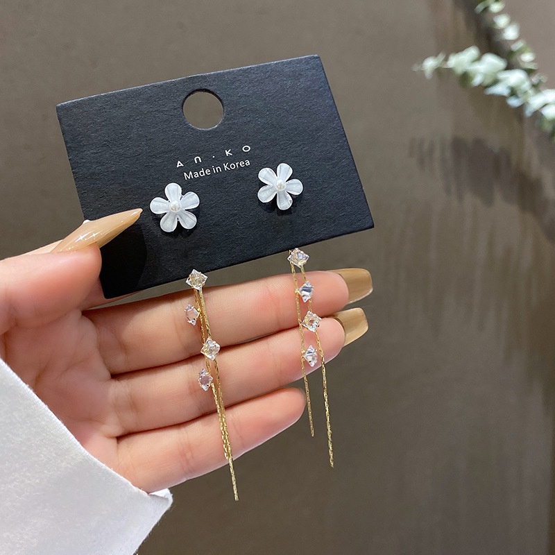 Korea S925 Perak Lapis Emas Indah Bunga Rumbai Zirkon Stud Earing Untuk Wanita Fashion Perhiasan Aksesoris Drop Earrings