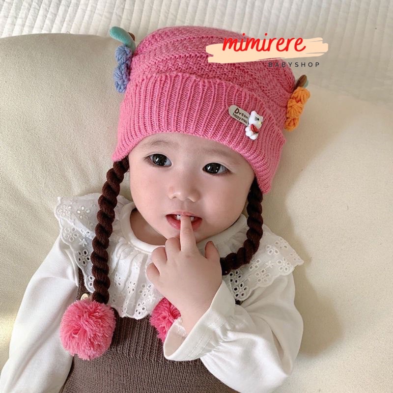 Topi Rajut Kepang PomPom Bayi Import | Import Baby Knit Hat