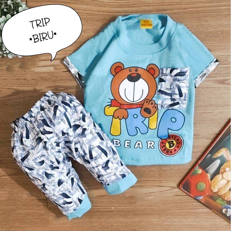 Setelan Baju Bayi Laki-Laki 0-6 Bulan Atasan Dan Celana Motif Trip Dan Slam Dunk / Pakaian Anak Cowok