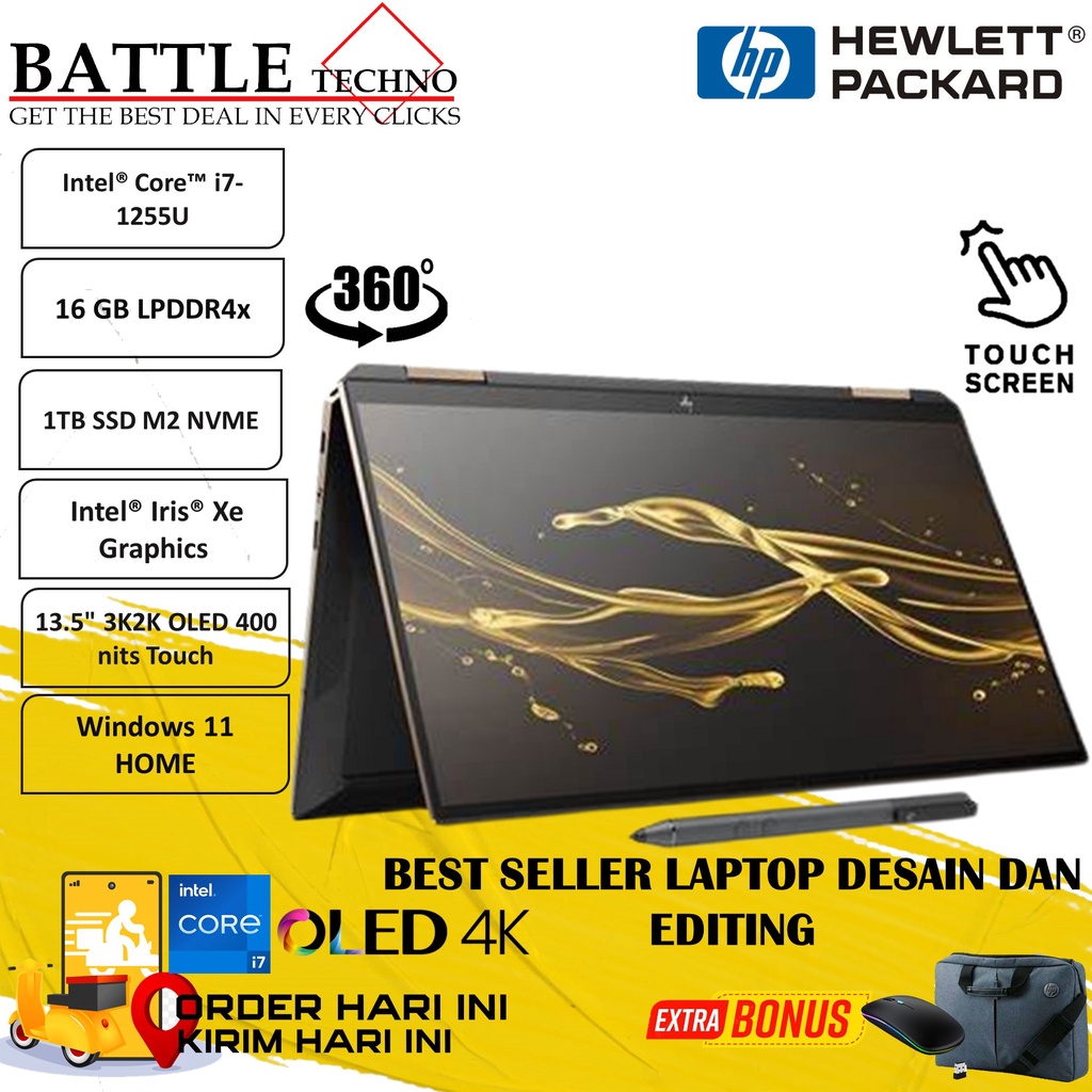 LAPTOP DESAIN HP SPECTRE X360 14 INTEL I7 1255U 16GB 1TB SSD IRIS XE 3K2K IPS TOUCH BACKLIT FINGERPRINT WIN11HOME