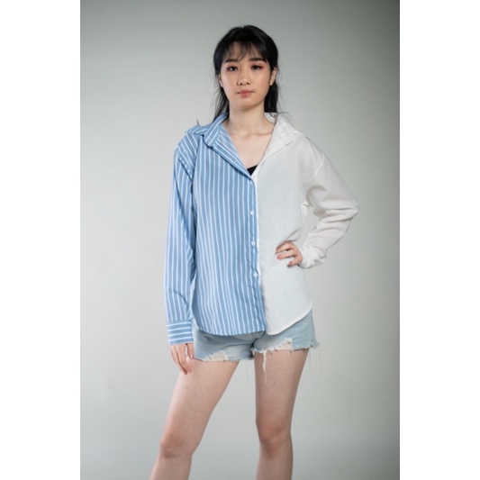 atasan kemeja casual wanita / kemeja salur Ld 110/ kemeja katun stripe