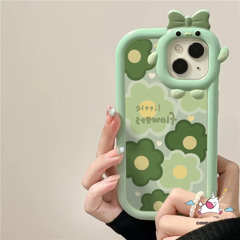 Case Realme C21Y C33 C25Y C11 C15 C30 C25 C25s C35 C31 8 8i 7 9 8pro 9pro+C21 C2 C1 C3 C17 5 6i 9i 5s 5 7i Ins Bunga Hijau Kartun 3D Busur Monster Kecil Lensa Soft Cover