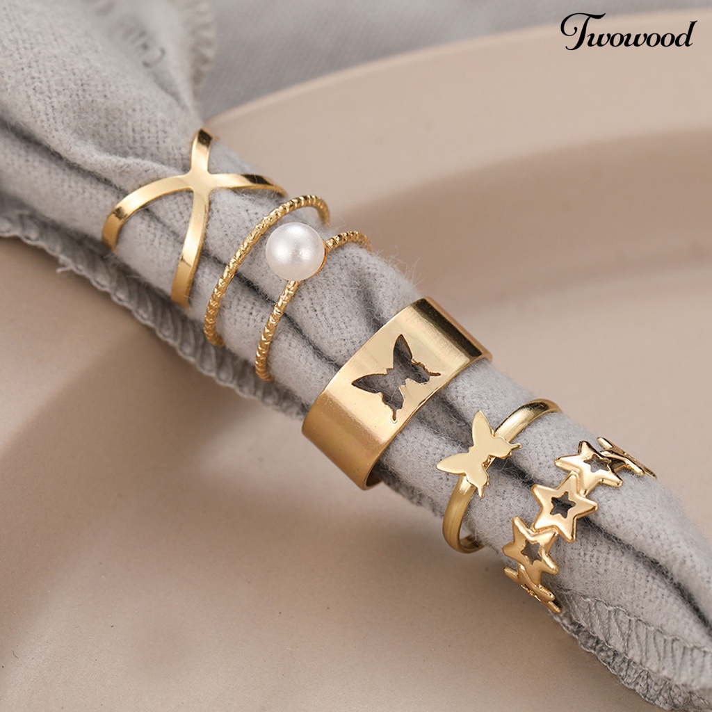 5pcs Cincin Jari Bentuk Bintang Kupu-Kupu Model Hollow Out Stackable Gaya Vintage Untuk Harian