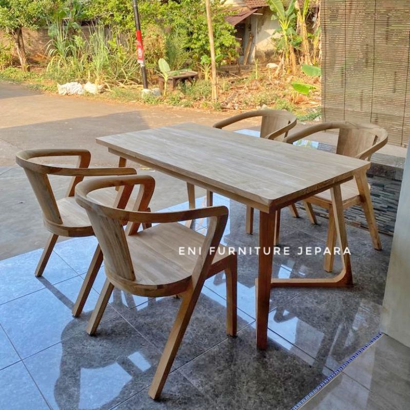 Set Meja Makan Cafe Jati Retro - Kursi Cafe Scandinavian Jati - Kursi Makan Minimalis Jati - Kursi C