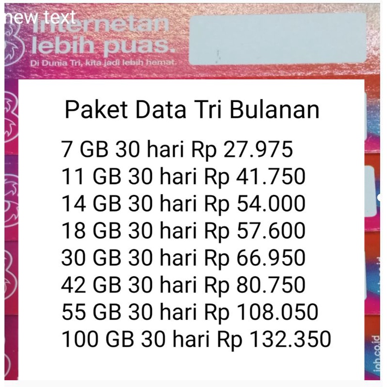 PAKET VOUCHER KUOTA DATA TRI THREE BULANAN 24 JAM