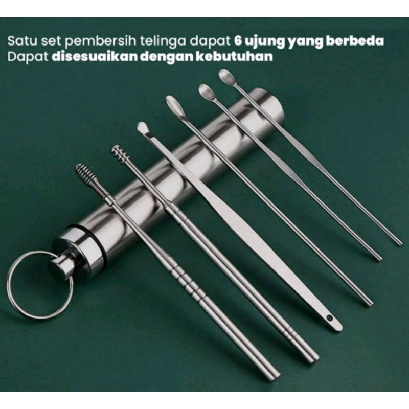 Alat Pembersih Telinga Korek Kuping Spiral Set 6 Pcs Stainless Steel / Ear Wax  Picker 6 Pcs / Stainless Steel Anti Karat