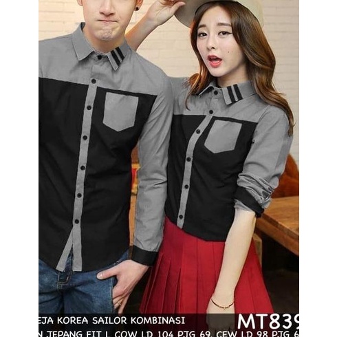 KEMEJA COUPLE/KEMEJA PASANGAN/BAJU COUPLE KOREA HEM SAILOR KOMBINASI - Hitam