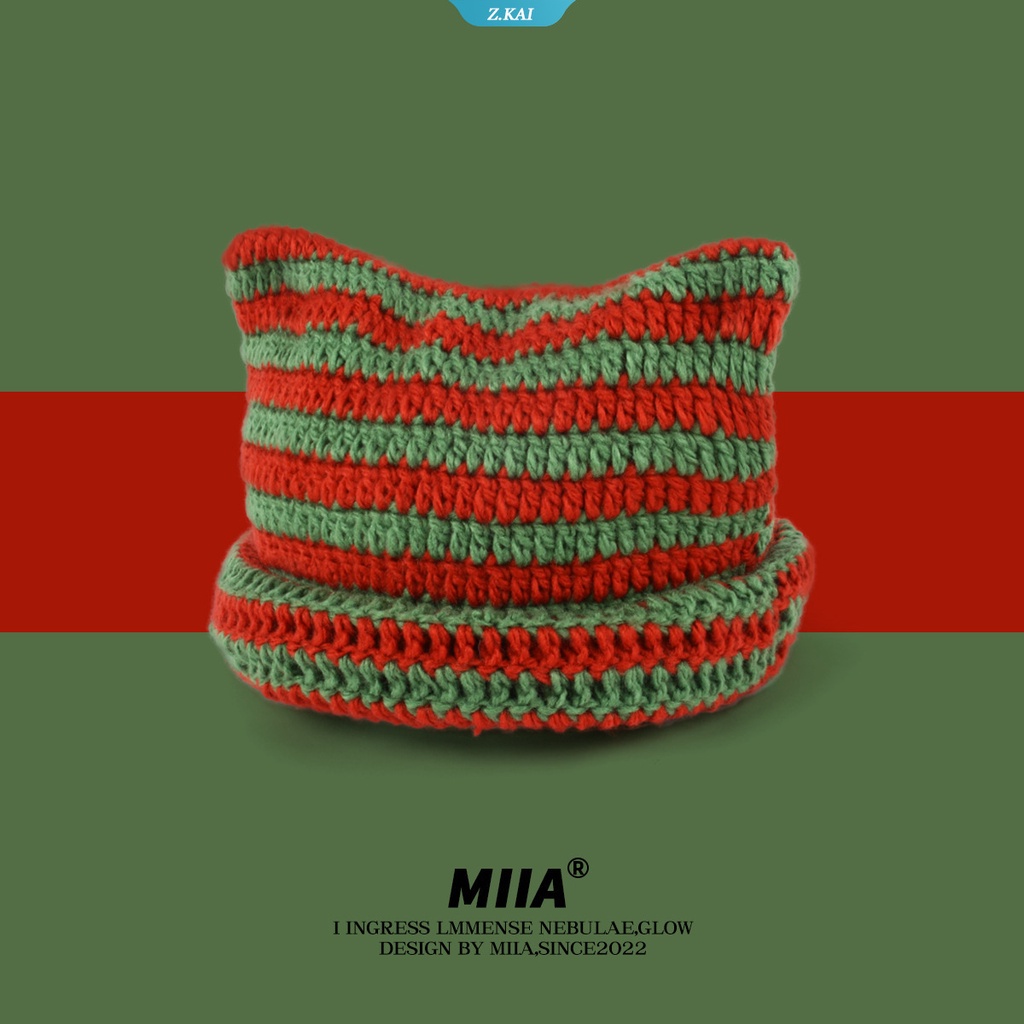 Topi Beanies Rajut Motif Garis Aksen Telinga Kucing Bahan Wol Gaya Harajuku hip-hop Untuk Wanita