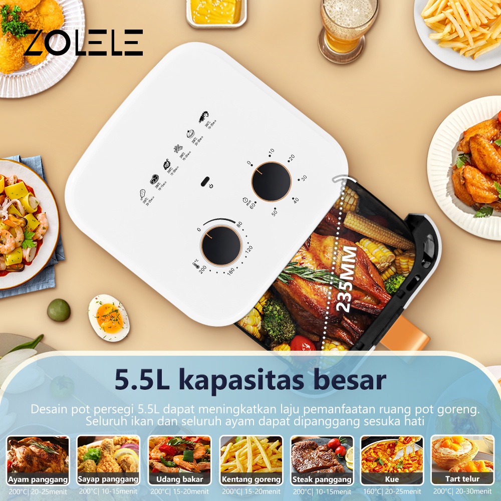 ZOLELE Air Fryer Low Watt 5.5 L Mesin Elektrik Penggorengan Tanpa Minyak Penggoreng LCD Touch Control Digital Magic Airfryer Panci Alat Penggoreng Listrik Airfryer Magic Fryer Digital Low Watt Steam Anti Lengket ZA003