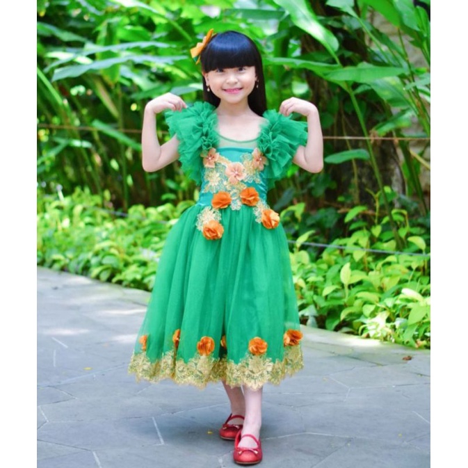 Dress Party Megar Brukat Golden, Dress Ulang Tahun Anak, Dress Natal