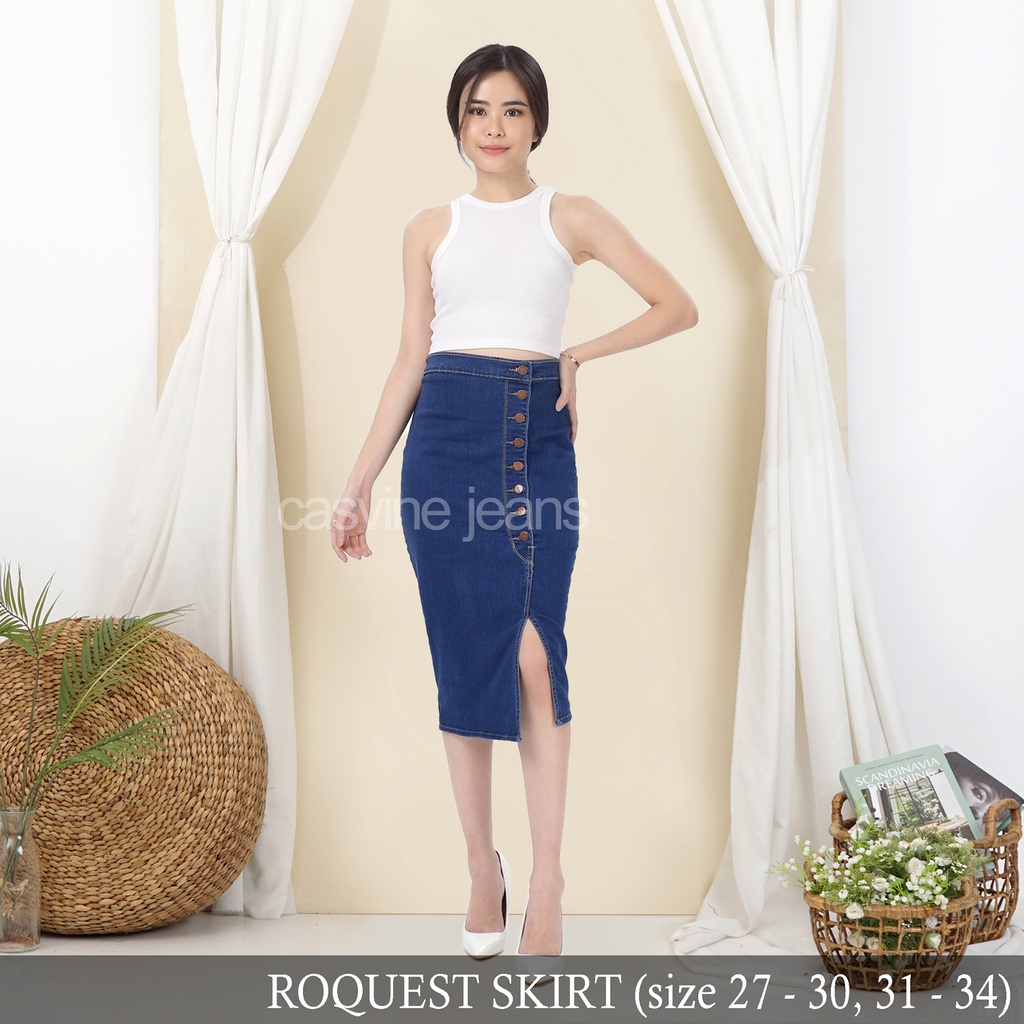 Rok Jeans Wanita Cewek Stretch Kancing 8 Roquest Skirt Ada Bigsize Jumbo