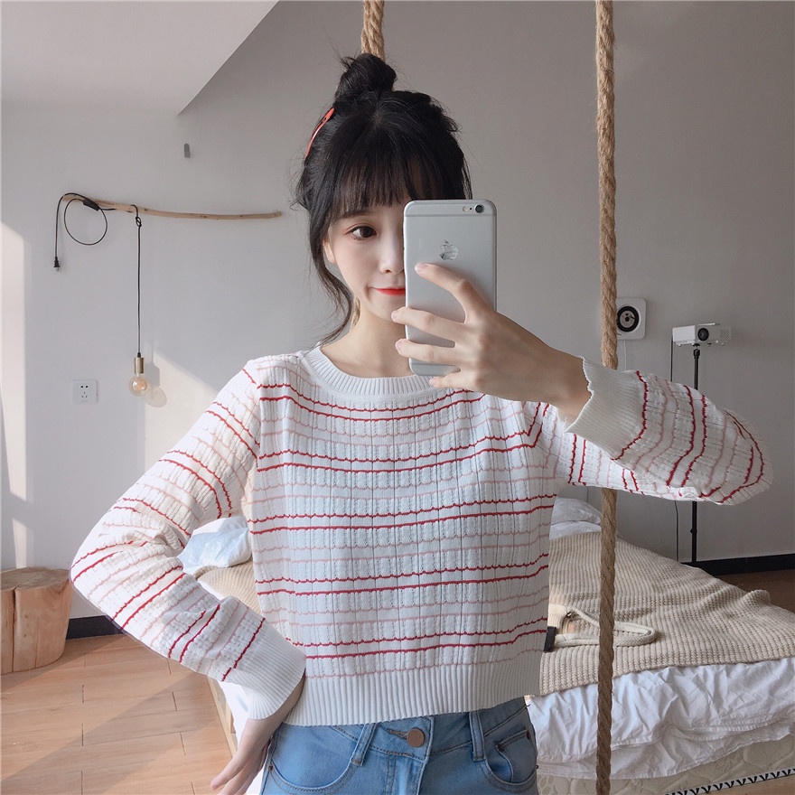 Kaos Crewneck Wanita Rajut Crop Stripe Lengan Panjang Korean Casual