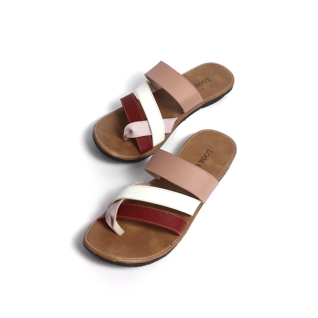 Sandal Kulit Wanita Sandal Jepit Tali Wanita Sandal Jepit Slop Slide Wanita Flat Motif Kombinasi Look Up - AURA