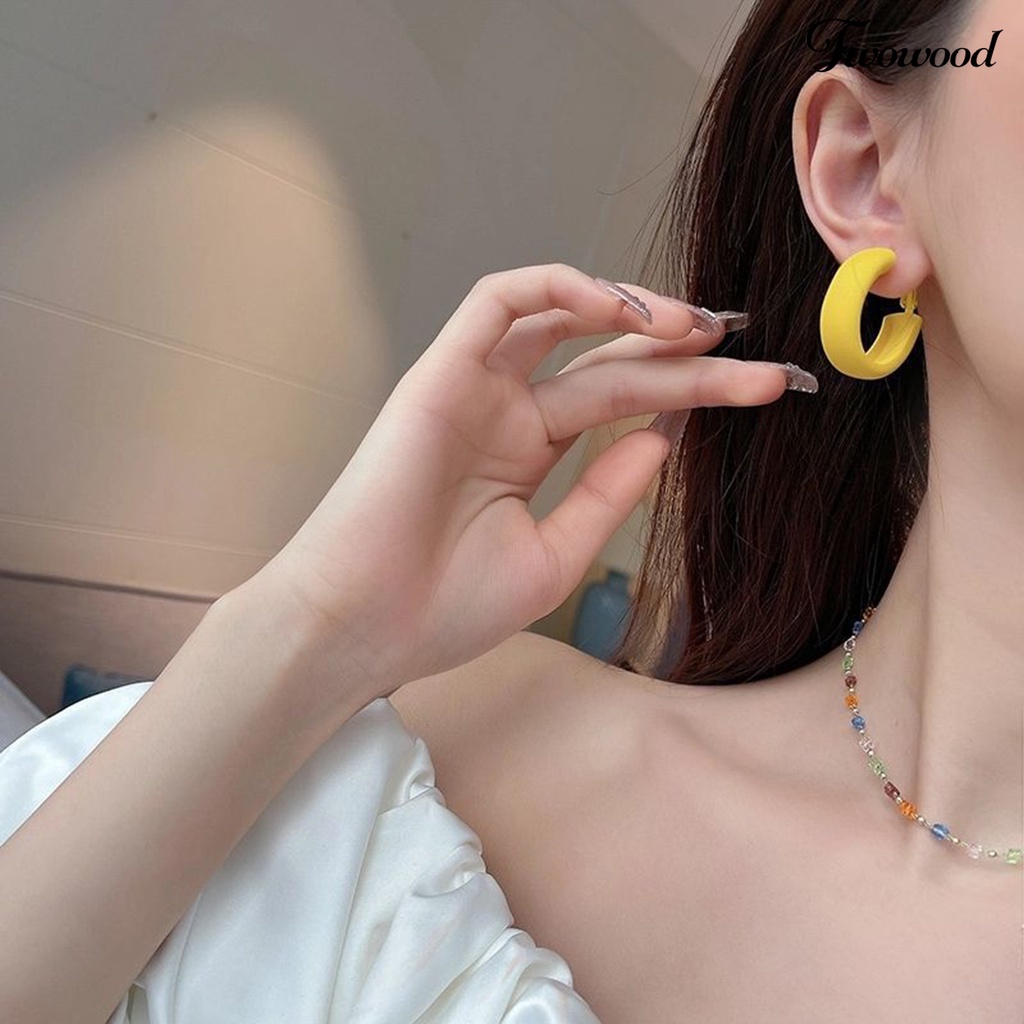 Anting Hoop Bentuk C Geometris Warna Macaron Gaya Minimalis Untuk Kencan