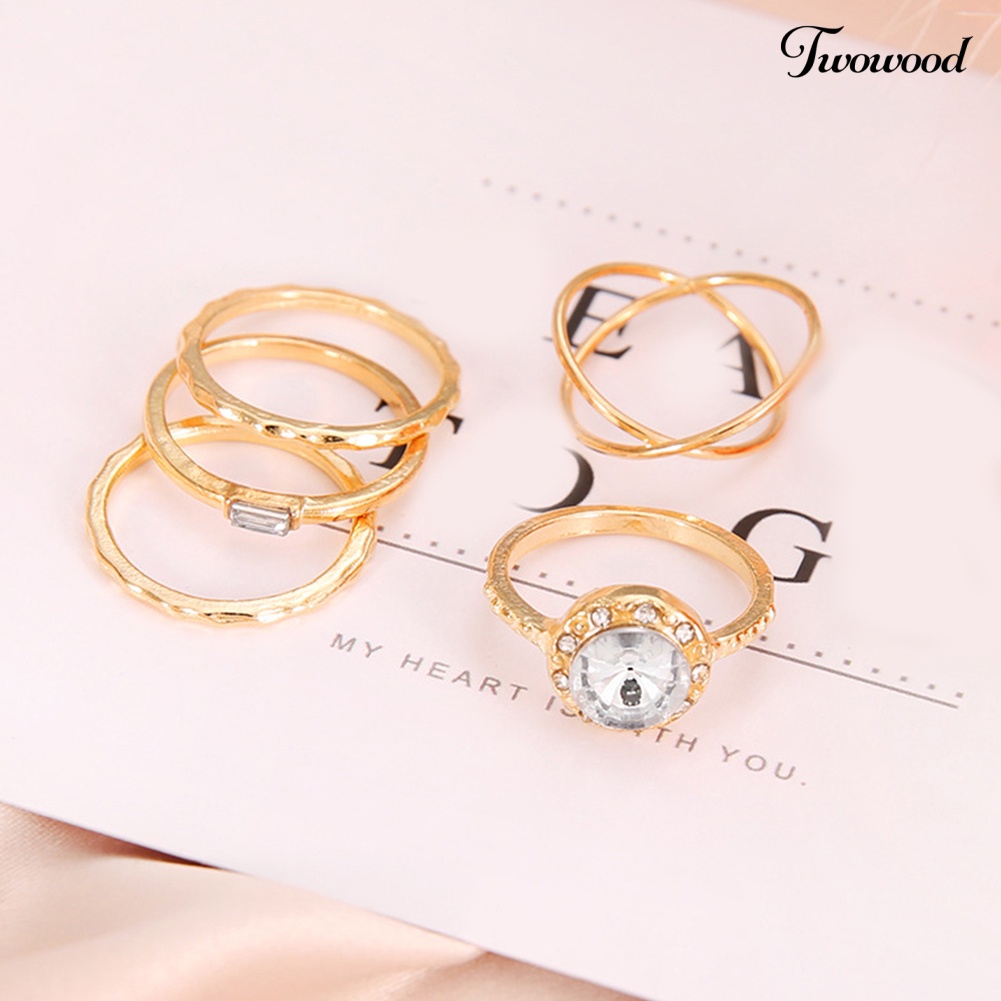 5pcs / Set Cincin Jari Cubic Zirconia Bentuk Bulat Silang Untuk Wanita