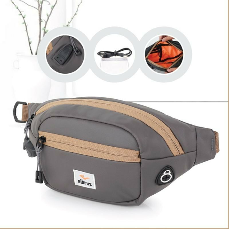 Tas Selempang Pria Anti Air USB 100% Original Elbrus Brand waistbag Pria Bahan Anti air