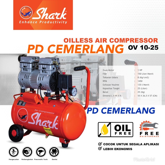 Kompresor silent tanpa oli shark compressor oilless 1 hp portable