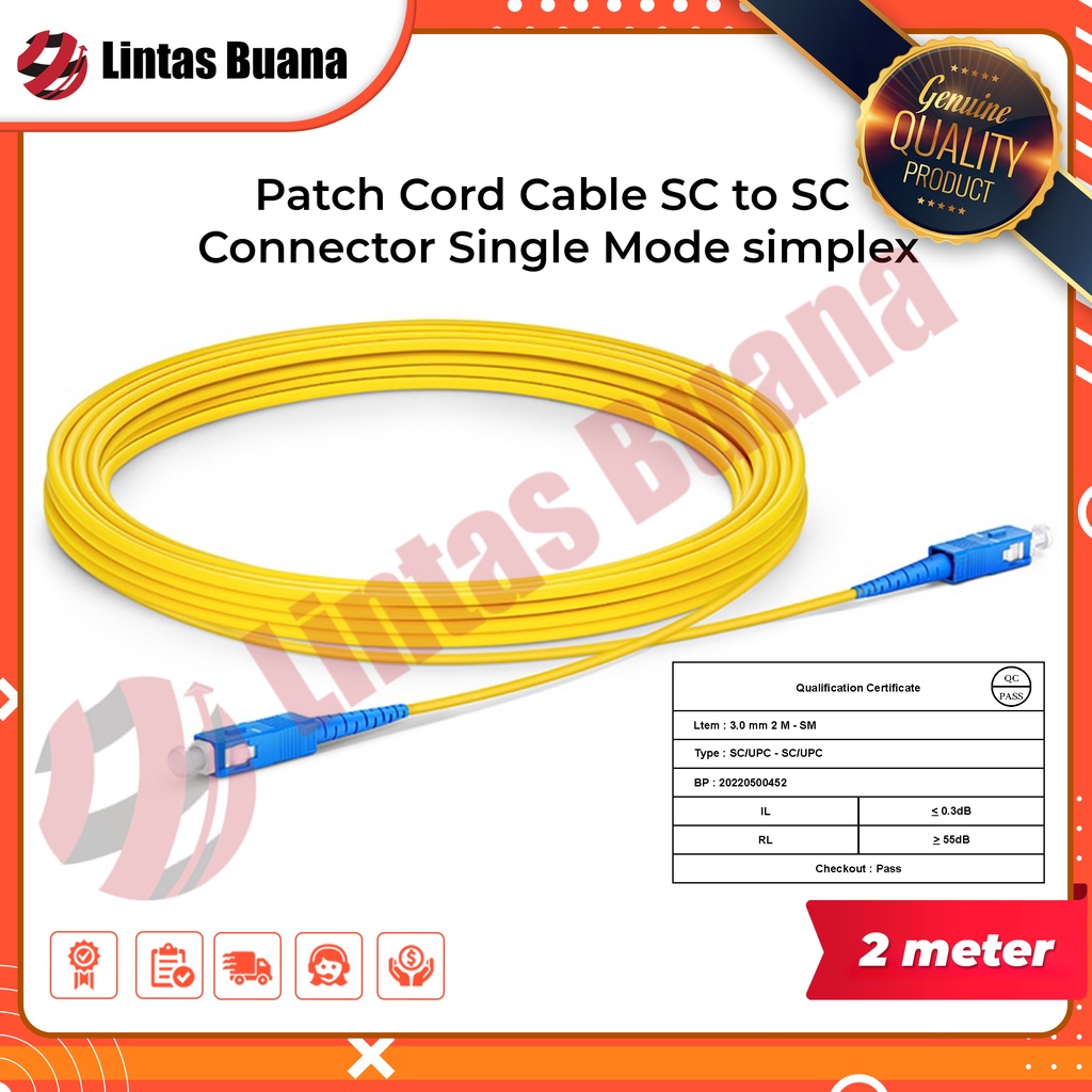 Patch Cord Cable  SC to SC UPC 2 Meter  Connector Single Mode simplex