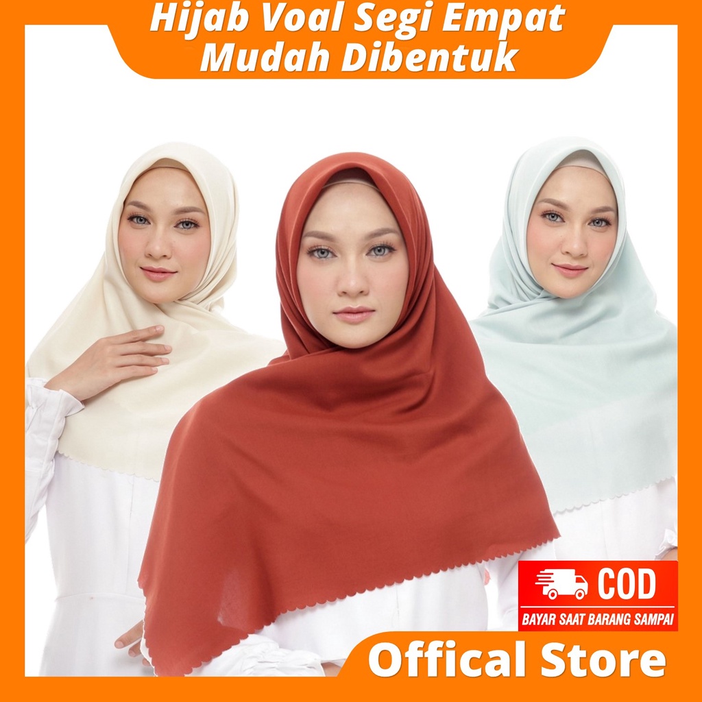 Jilbab Segi Empat Premium Polos Bahan Voal Mewah Best Quality Warna Hijau Botol Milo Merah Bata Nude