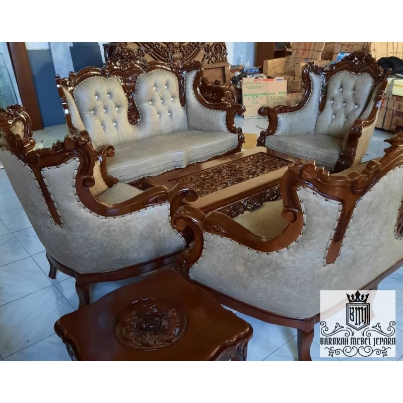 Sofa Tamu Jati Berkualitas 3211 + meja besar dan meja kecil