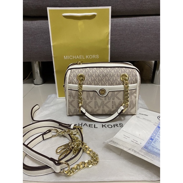 Preloved Rantai MK Michael Kors Gold Grey Putih Motif Tas Selempang Bag Kondangan Tote Mini Clutch