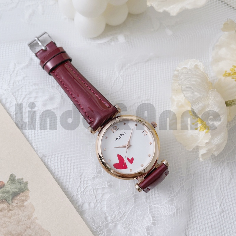 Jam Tangan Wanita Analog Korean Strap Pu Leather Dial Bulat Motif Love