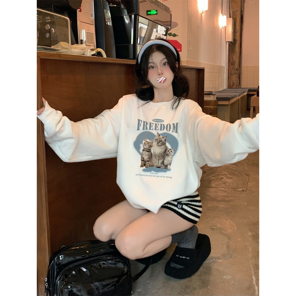 EUNII Sweater Lengan Panjang Cute Three Cats Korean Style/Hoodie Oversize/Baju Wanita/Switer Wanita