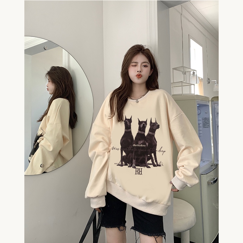 Sweter Oversize Wanita Animal Dogs Motif Printing Switer Putih Lengan Panjang Crewneck Basic Sweater Kekinian