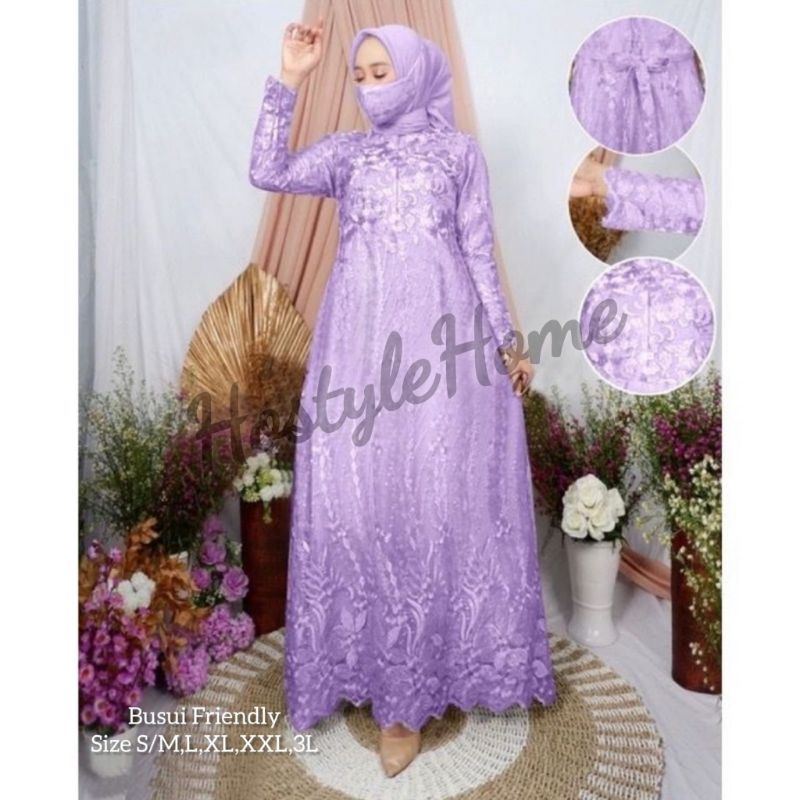 (NEW) LESTYA - BAJU DRESS GAMIS FULL BRUKAT BROKAT BUSUI FREE MASKER TALI OBI WANITA MUSLIM UKURAN S