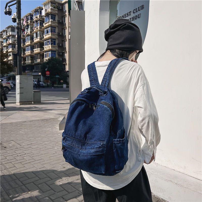 Sera Vintage Dicuci Ransel Denim Retro Tas Sekolah Kapasitas Besar Wanita SMA Mahasiswa Korea Tas Travel Pasang