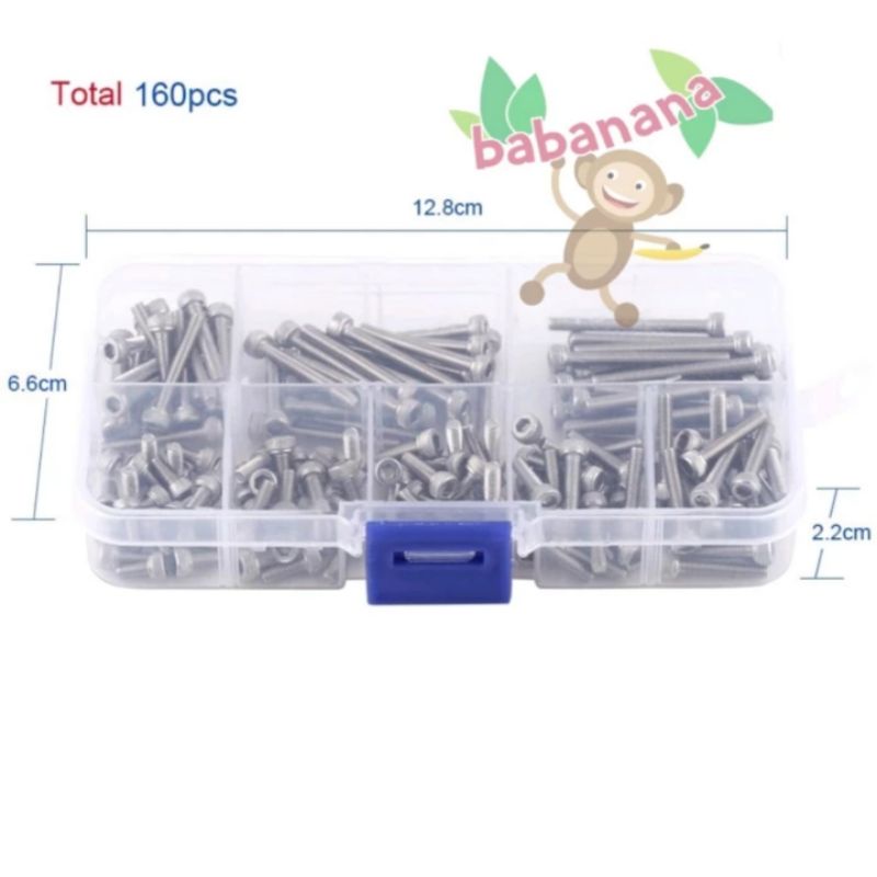 160pcs M3 hex screw cap head baut sekrup stainless besi set kit