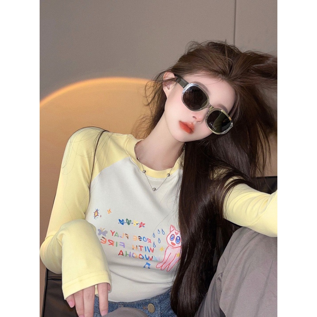 Red Warna kontras manis dan murni bernafsu musim gugur lengan panjang atasan wanita versi Korea dari kemeja bottoming t-shirt ramping dan tipis dengan ins