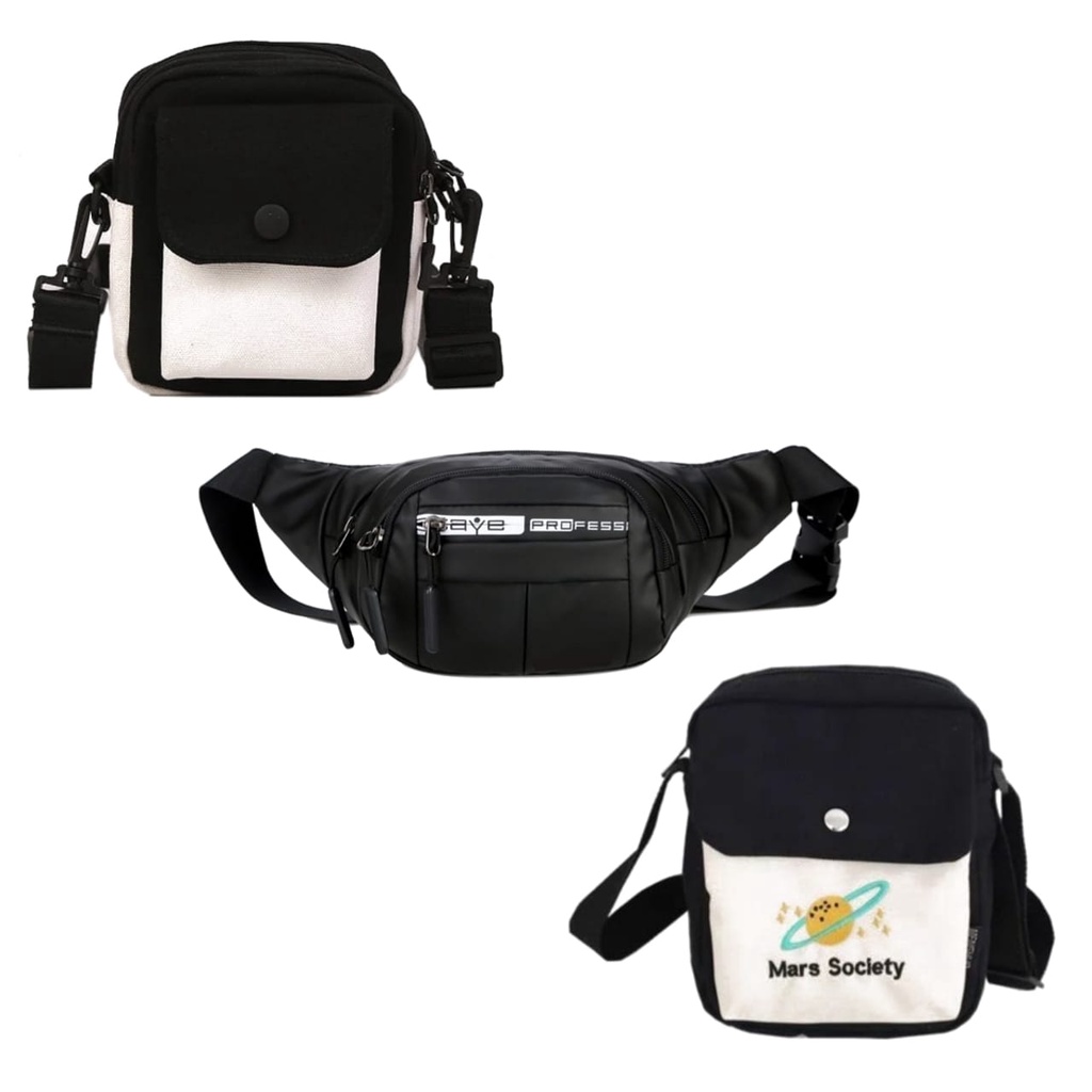 Paket Bundling B 3in1 Tas Selempang Pria Wanita Slingbag Waistbag