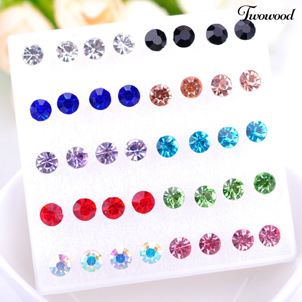 20 Pasang Anting Stud Cubic Zirconia Shiny Multicolor Bahan Stainless Untuk Wanita