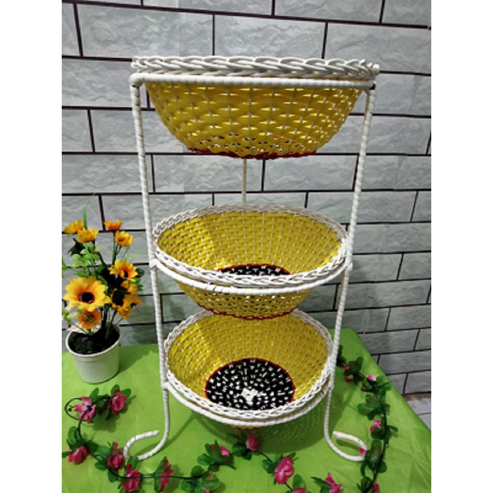 Rak Bawang 3 Susun OVAL Rotan Sintetis Kerangka BESI Rak Bumbu Dapur Rotan Keranjang Serbaguna Rak