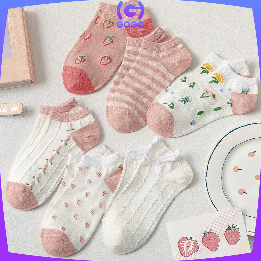 GOGO-P189 Kaos Kaki Wanita Motif Stroberi Bunga Fashion Korea / Kaus Kaki Pendek Semata Kaki Wanita / Strawberry Ankle Sock Korean Style