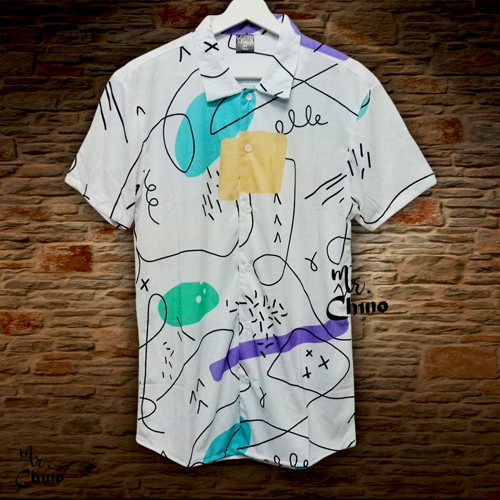 Baju Kemeja Motif Simple Artistic | Kemeja Hawai Pria / Wanita Dewasa | Kemaja Pantai Putih Cowok Ca