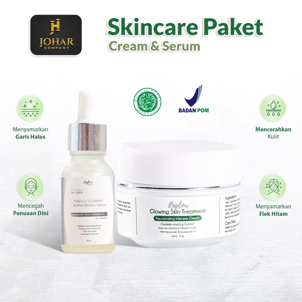 Skincare Reglow Paket Cream Dan Serum Perfect Glowing And Whitening Brightening Muka Anti Aging Waja