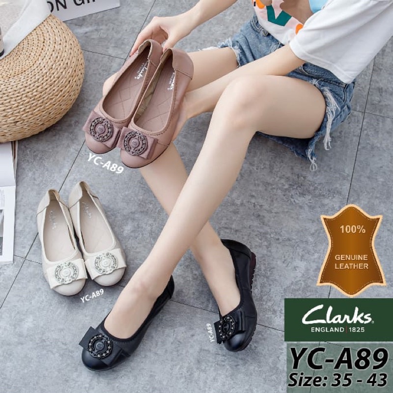 TERMURAH Sepatu Clarks YC-A89 Logo Flat / Flatshoes Women / Sepatu kerja kantor wanita / Clarks leat