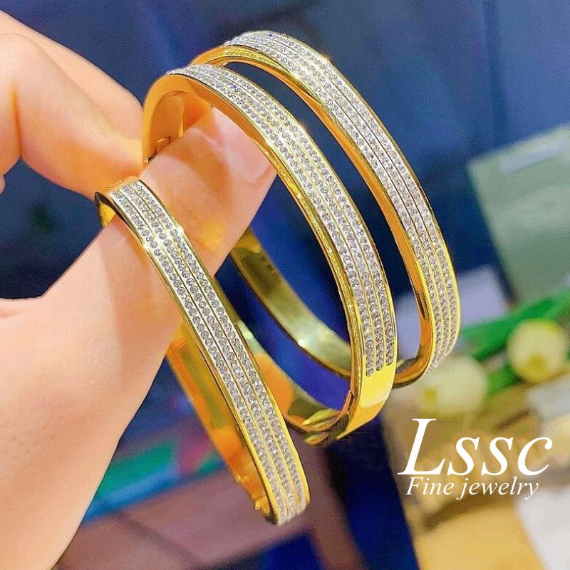 Gelang Titanium Berlian 3 Baris Mewah Cantik Emas 18K Bangle Wanita Anti Karat Aksesoris Fashion Korea