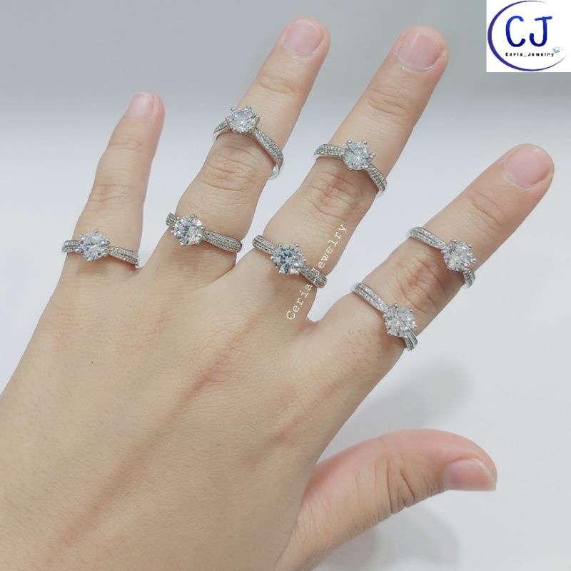 Cincin Perak Asli Silver 925 Lapis Emas Putih Model Desi Soliter Permata Full - Perhiasan Perak Asli Cincin Perak Anti Karat