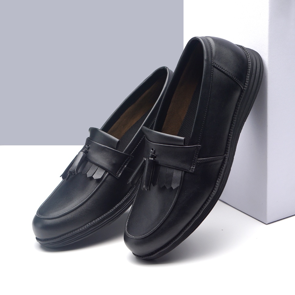 JARVIS BLACK ORIGINAL x RAN Sepatu Loafers Full Hitam Pria Slip On Formal Casual Kerja Kantor Slop Resmi Kantoran Pesta Wedding Kondangan Nikah Selop Jalan Santai Hangout Kuliah Penny Loafer Semi Kulit Premium Men Footwear Keren Terbaru Kekinian Branded