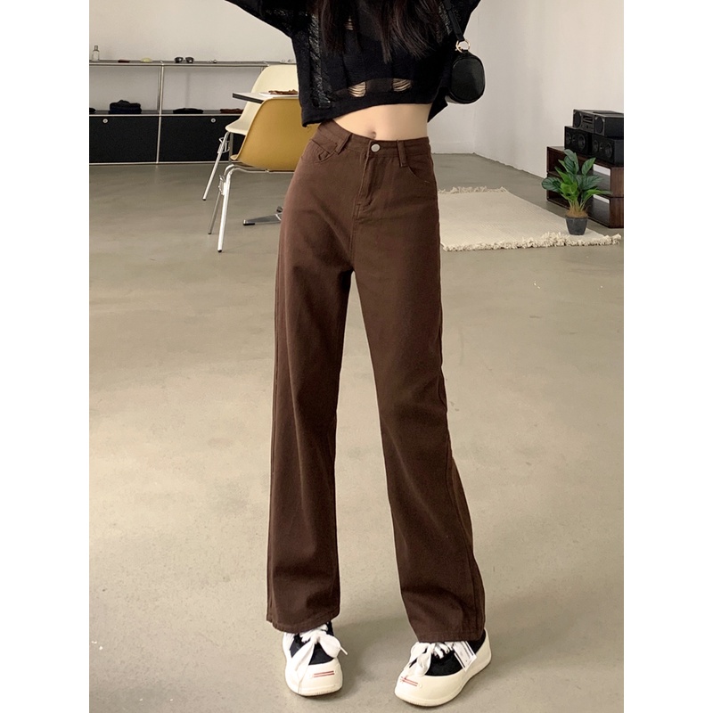 Coklat Highwaist Loose Straight Celana Jeans Panjang Wanita